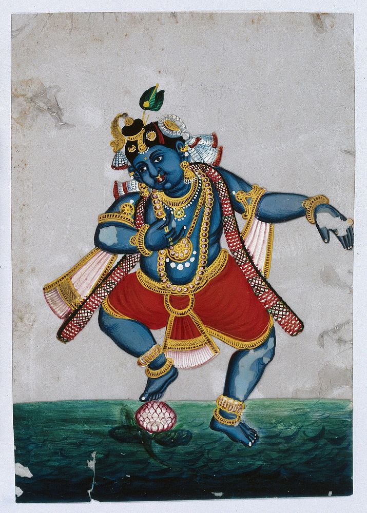 Lord Krishna, a blue skinned Hindu deity dancing on a lotus. Gouache painting on mica by an Indian artist.