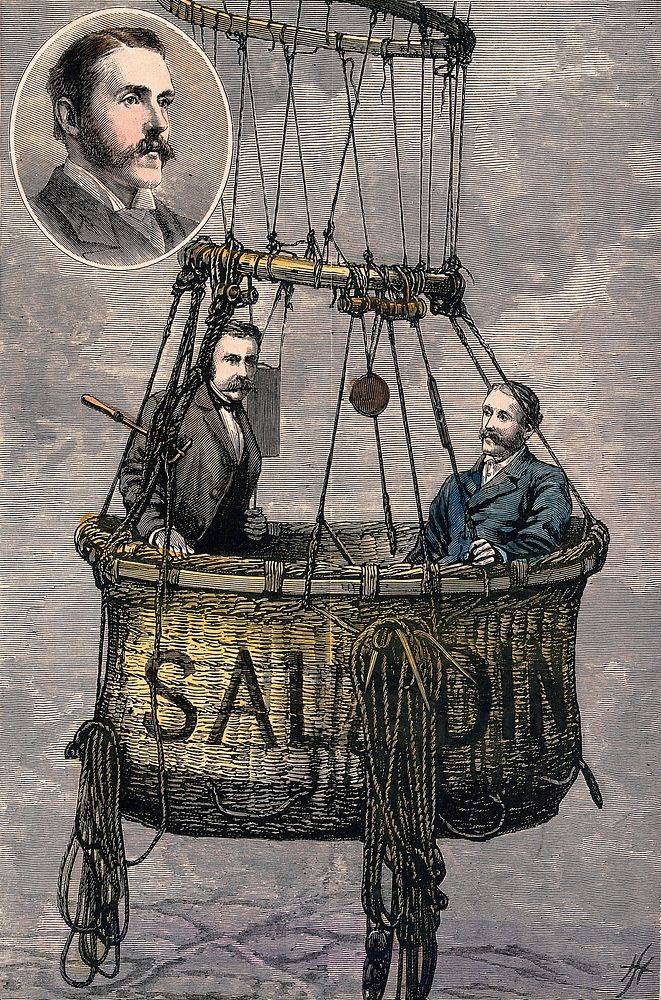 Captain Temple and Walter Powell M.P. in the basket of the balloon 'Saladin', 1881. Coloured wood engraving.