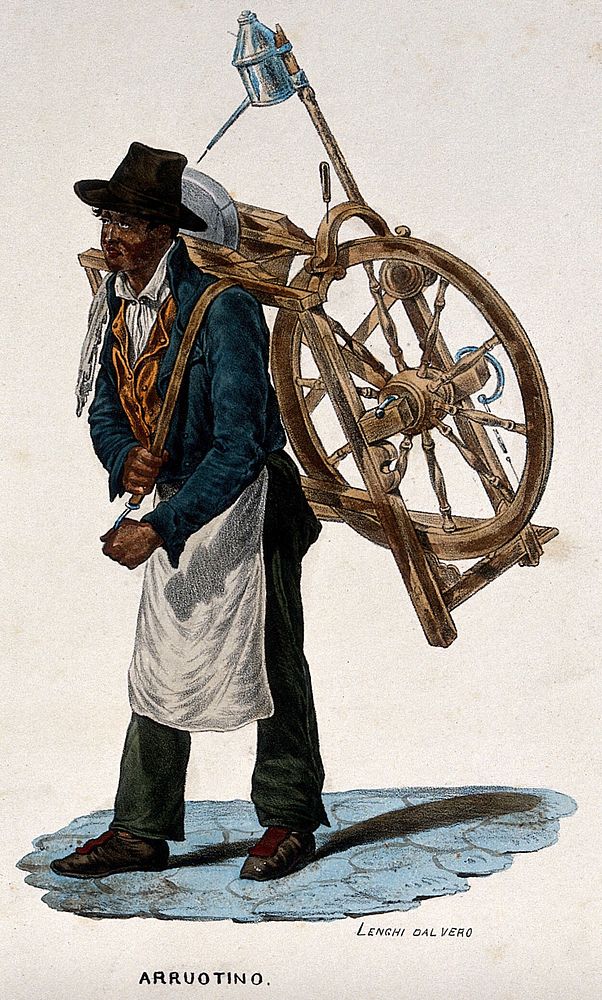 A man is carrying a knife grinder's wheel on his back. Coloured lithograph by G. Lenghi.