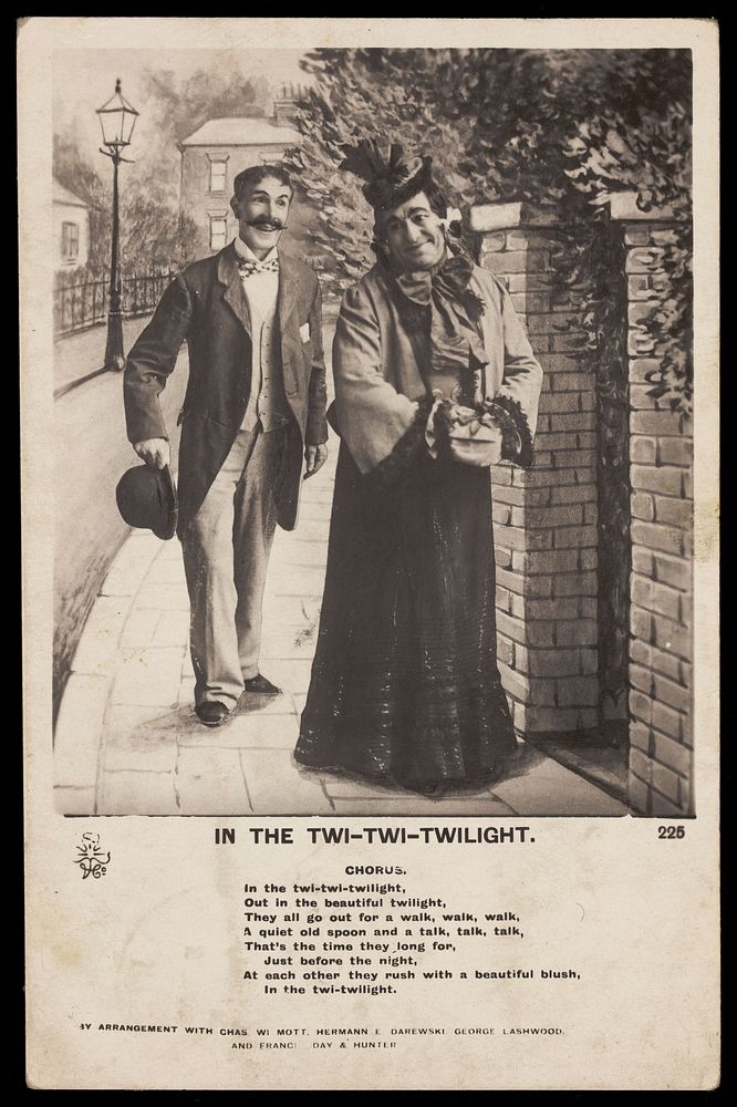 George Lashwood in drag performing a song about two lovers at twilight. Photographic postcard, 190-.