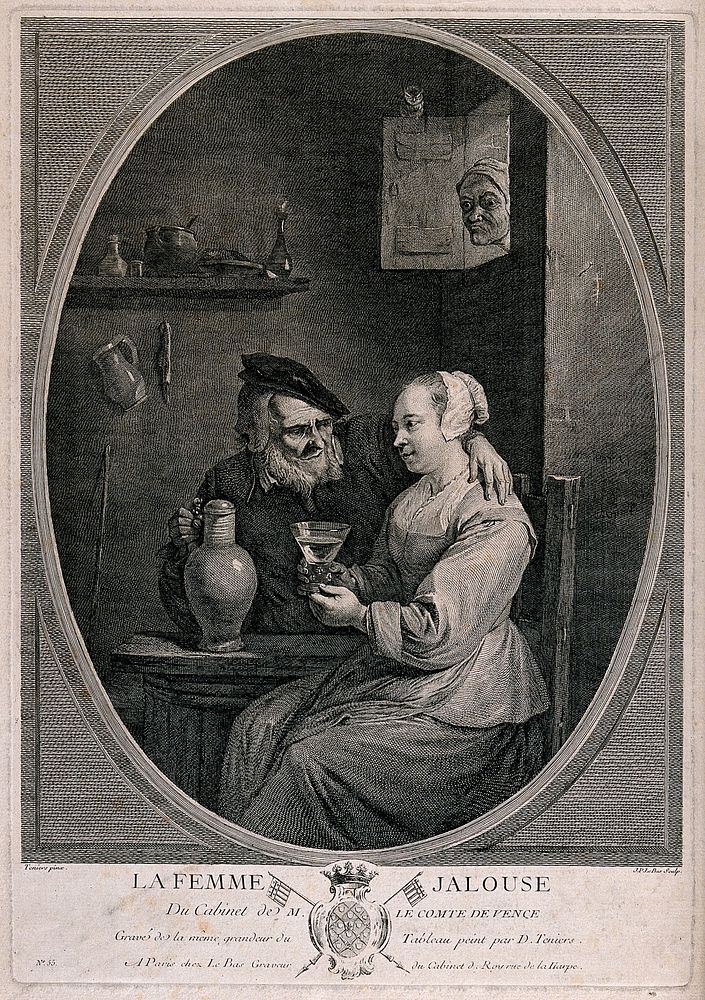 An old man sits with his arm round a girl and plies her with drink as his wife watches through a window. Engraving by J.P.…