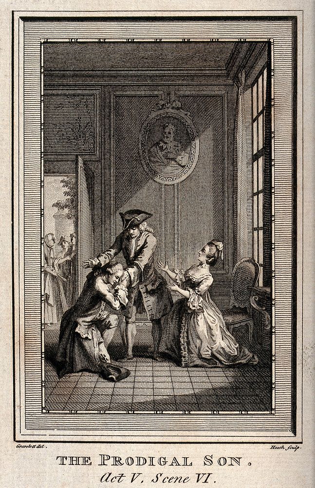 A father and mother greet their returning son with a crowd of people gathered outside the open door. Engraving by J. Heath…