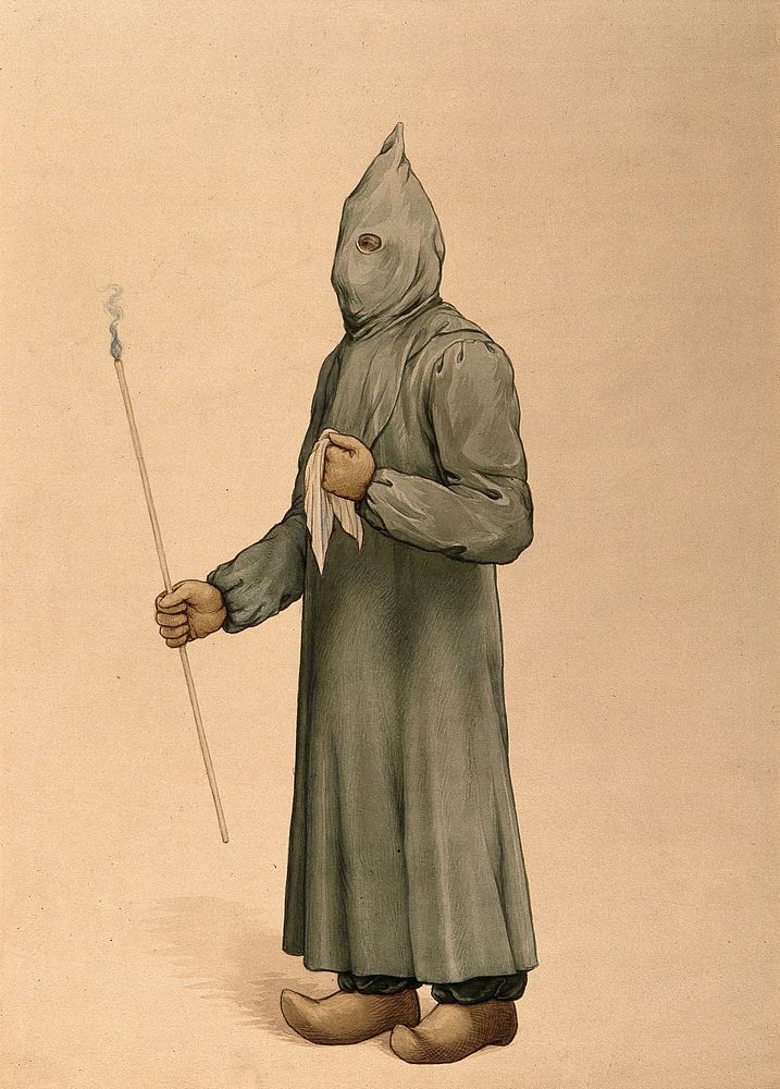 A physician wearing a plague preventive costume in Marseille, 1720. Watercolour, 19--.