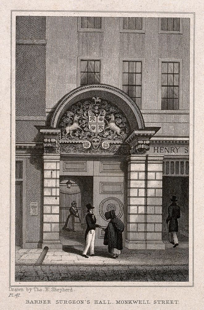 Barber-surgeons' Hall, Monkwell Street, London: the entrance to the hall, with elaborate heraldic carving above the doors.…