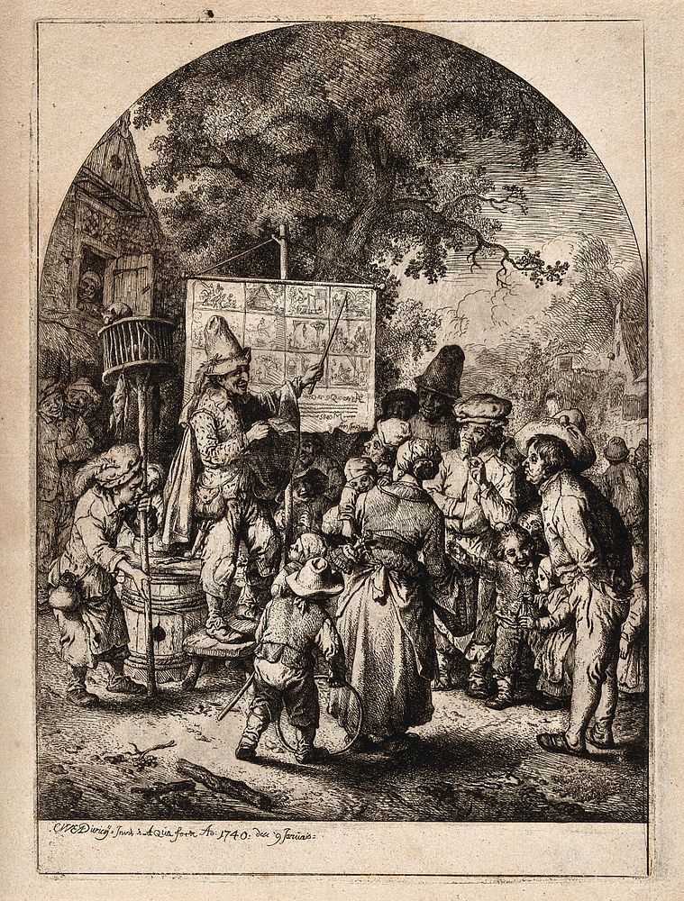 A crowd gathered around a mountebank who points to a banner illustrating various methods of execution; to the left stands a…