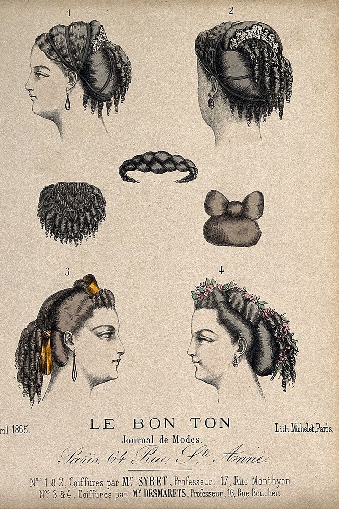 The heads of four women with ringletted hair dressed with ribbons, jewellery and flowers; three details of hair-pieces.…