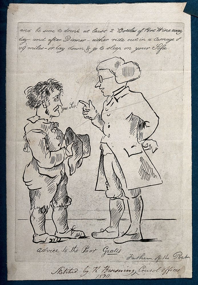 A doctor advising a poor and wretched looking man, his recommendations revealing his ignorance of the social circumstances…