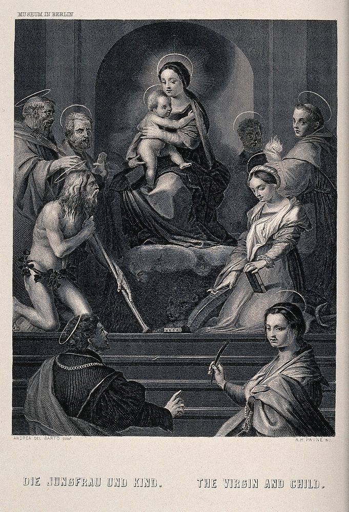 Saint Mary (the Blessed Virgin) with the Christ Child, four male saints, Saint Antony of Padua, Saint Catherine of…