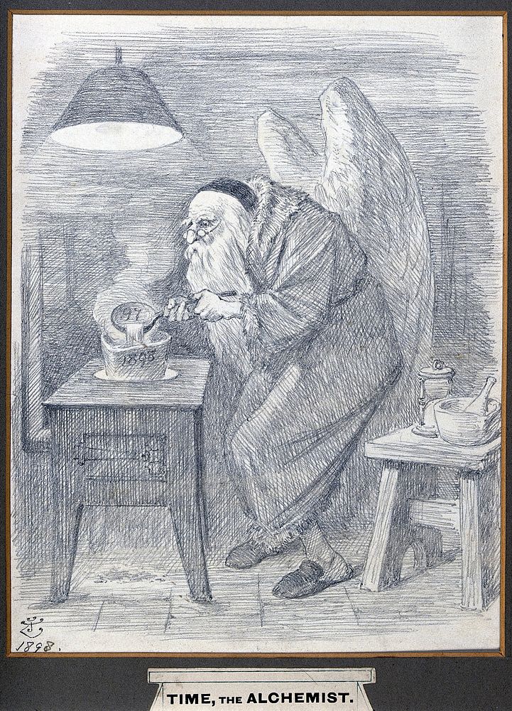 An alchemist with angel's wings and a skull cap, pouring fluid from a ladle into a crucible. Pencil drawing by J. Tenniel…
