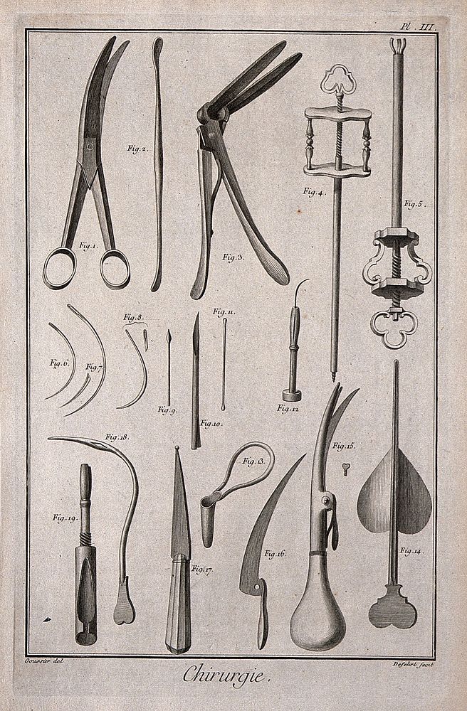 Surgery: surgical instruments, including a catheter, a curved chisel, a curette, needles and a bistoury. Engraving with…