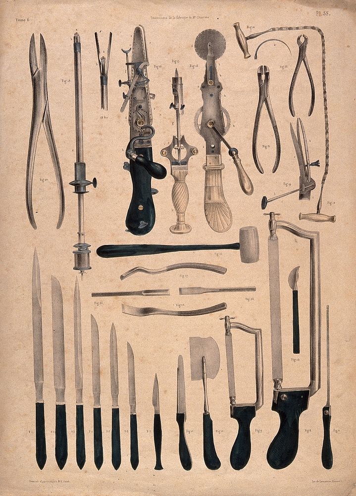 Surgical instruments, including saws, pliers and hammers. Coloured lithograph.