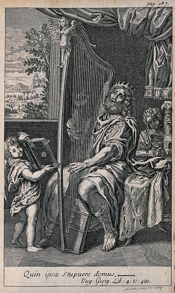 King David is playing the harp as a boy holds open a book of music for him to follow and a woman sits at a writing desk in…