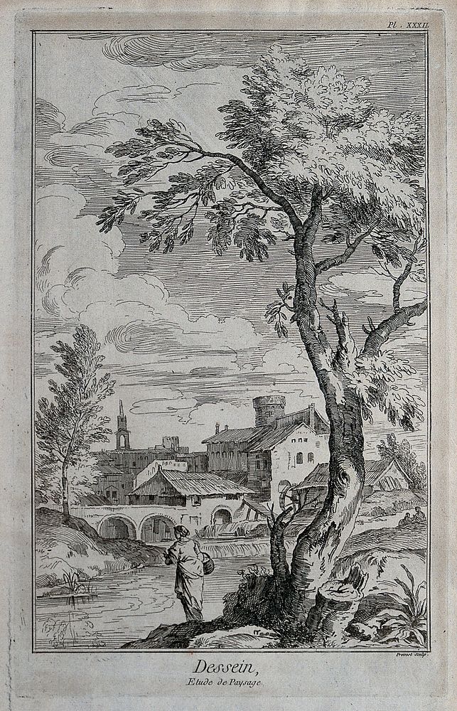 A female figure beside a river with a townscape beyond. Engraving by B.L. Prevost after Titian.