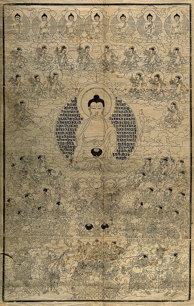 The Medicine Buddha, Bhaiṣajyaguru, with other divinities. Woodcut.