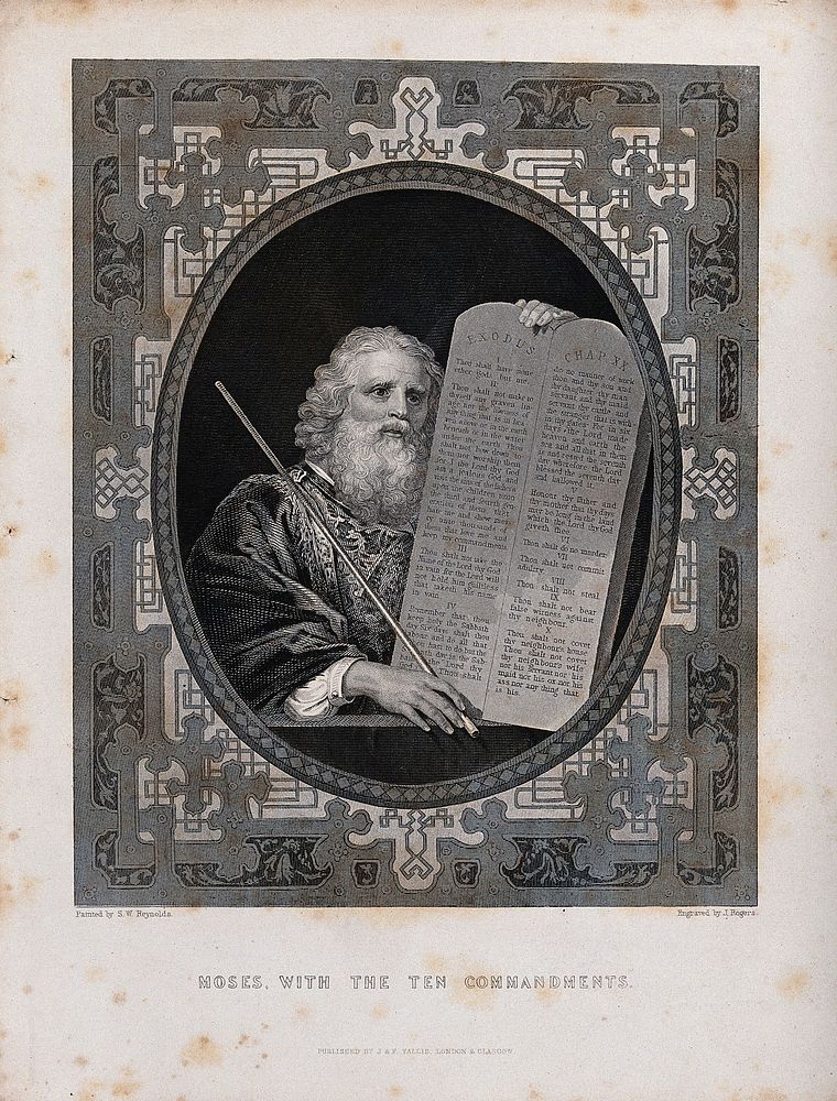 Moses, with his rod and the table of the ten commandments. Etching by J. Rogers after S.W. Reynolds.