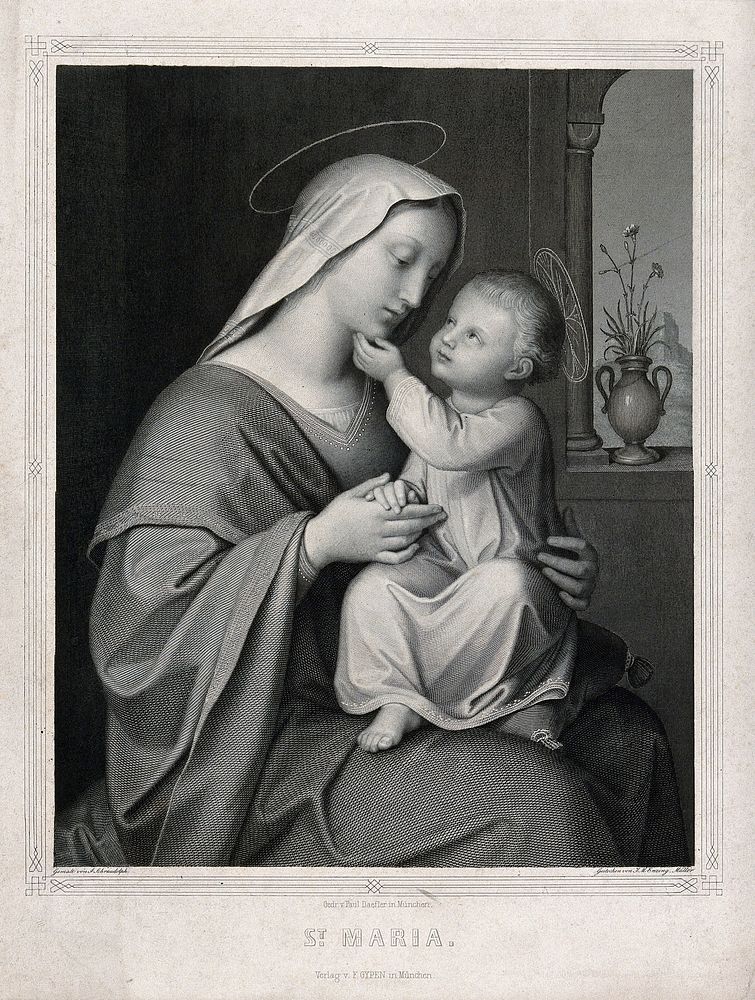 Saint Mary (the Blessed Virgin) with the Christ Child. Engraving by J.M. Enzing-Müller after J. Schraudolph.