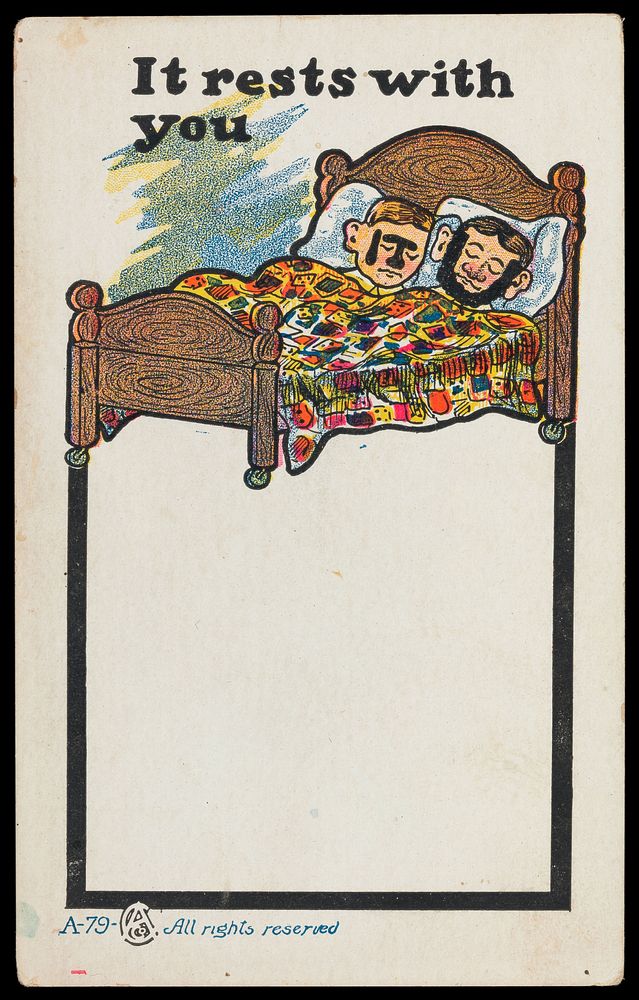 Two men sleeping in the same bed; representing rest. Colour lithograph, 190-.