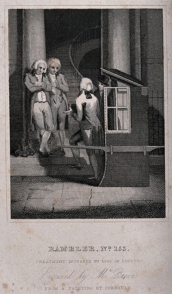 A man alights from a sedan chair to meet his companions at the foot of the stairs. Engraving by Brown after Corbould.