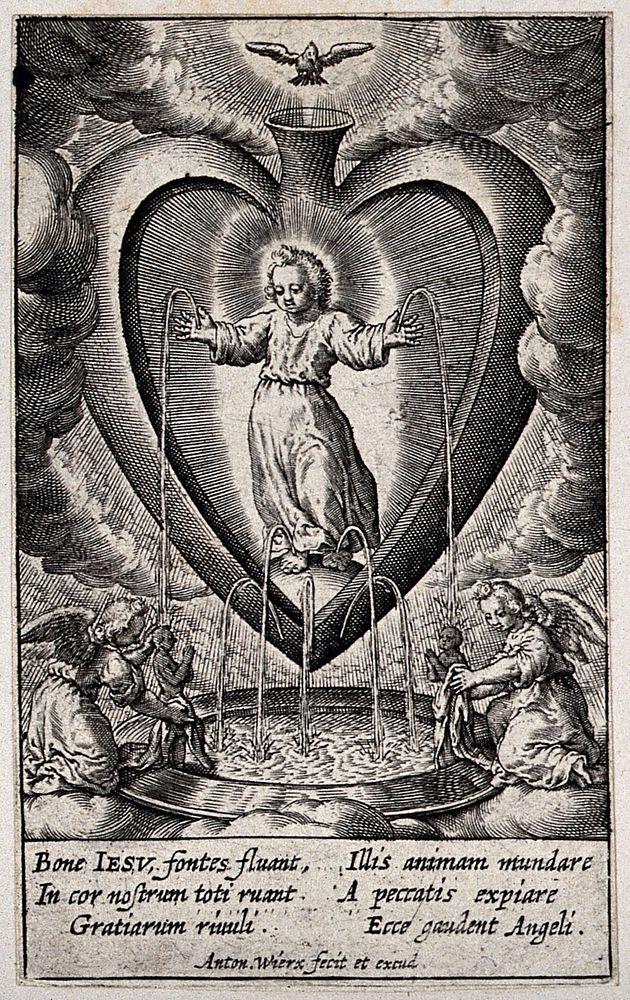 The Christ Child as Fountain of Life stands in the heart of the believer, with blood streaming from his hands and feet and…