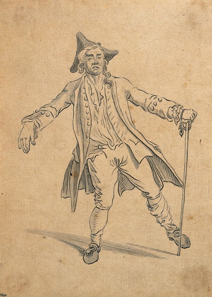 A man walking with the posture of a drunkard. Drawing with wash, c. 1789.