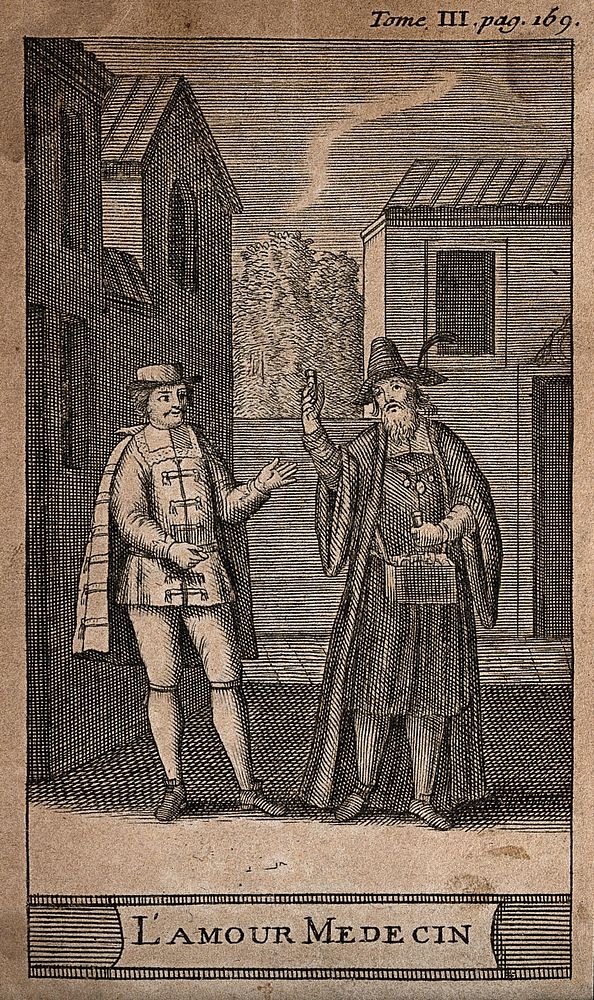 A young man buying a potion (to induce falling in love) from a street medicine vendor from Molière's play L'amour médecin.…