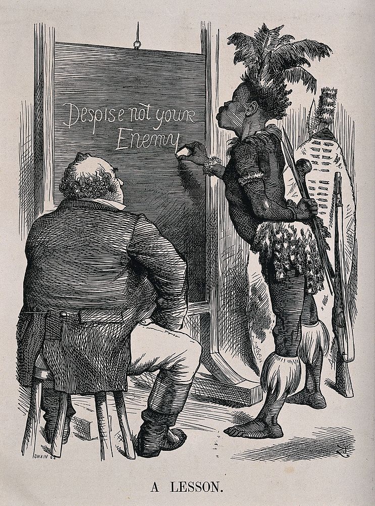A fat complacent Briton sits on a stool while a Zulu man writes "Despise not your enemy" on a blackboard. Wood engraving by…