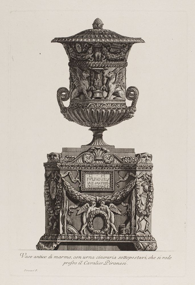 A marble vase placed on an urn. Etching by G.B. Piranesi, ca. 1770.