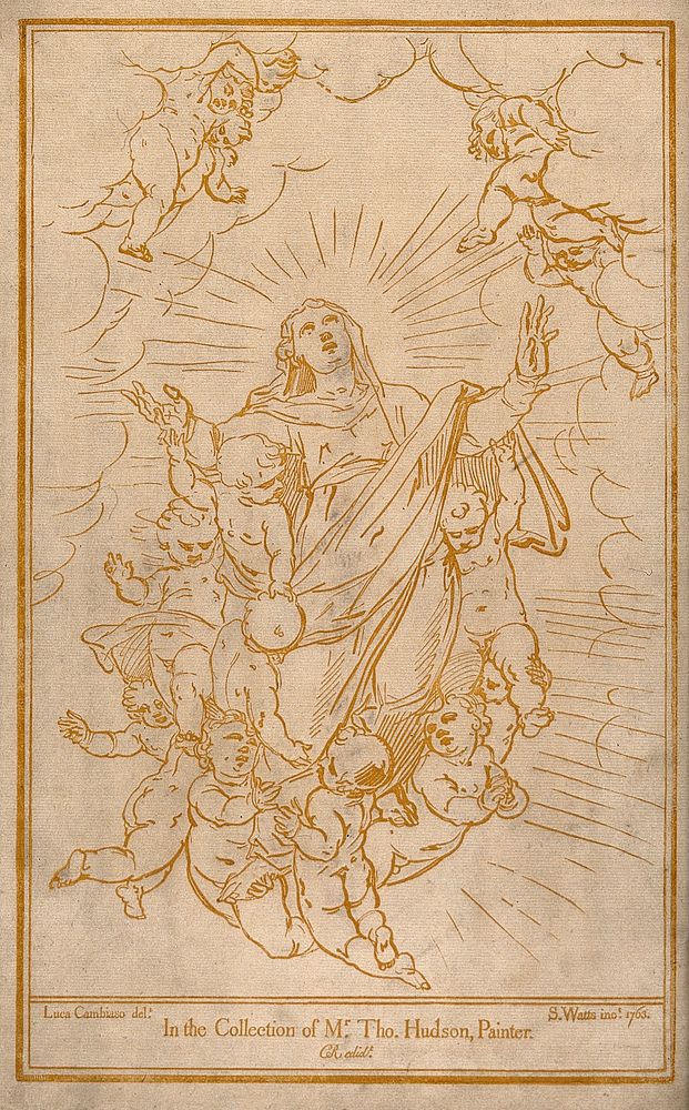 Saint Mary (the Blessed Virgin): her assumption into heaven. Colour woodcut by S. Watts, 1763, after L. Cambiaso.