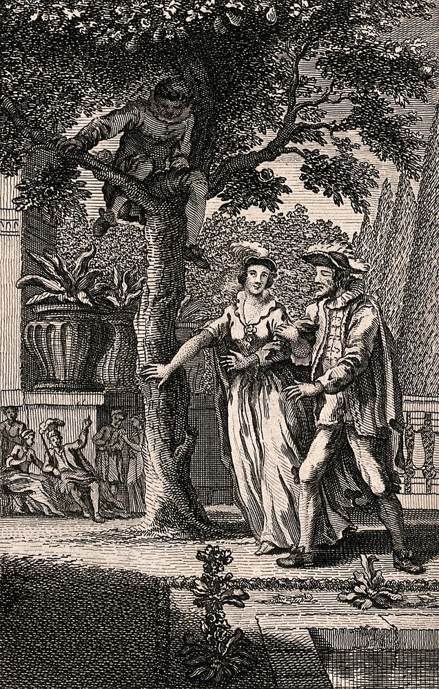 A woman (May) leads a man (January) under a tree in which there is somone hiding and some onlookers are pointing at the…