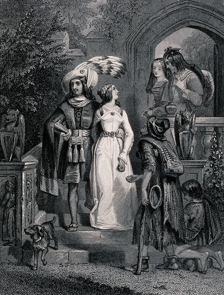 A man and a boy are begging from two well-dressed couples on the steps. Engraving by G.A. Periam after E.H. Corbould.