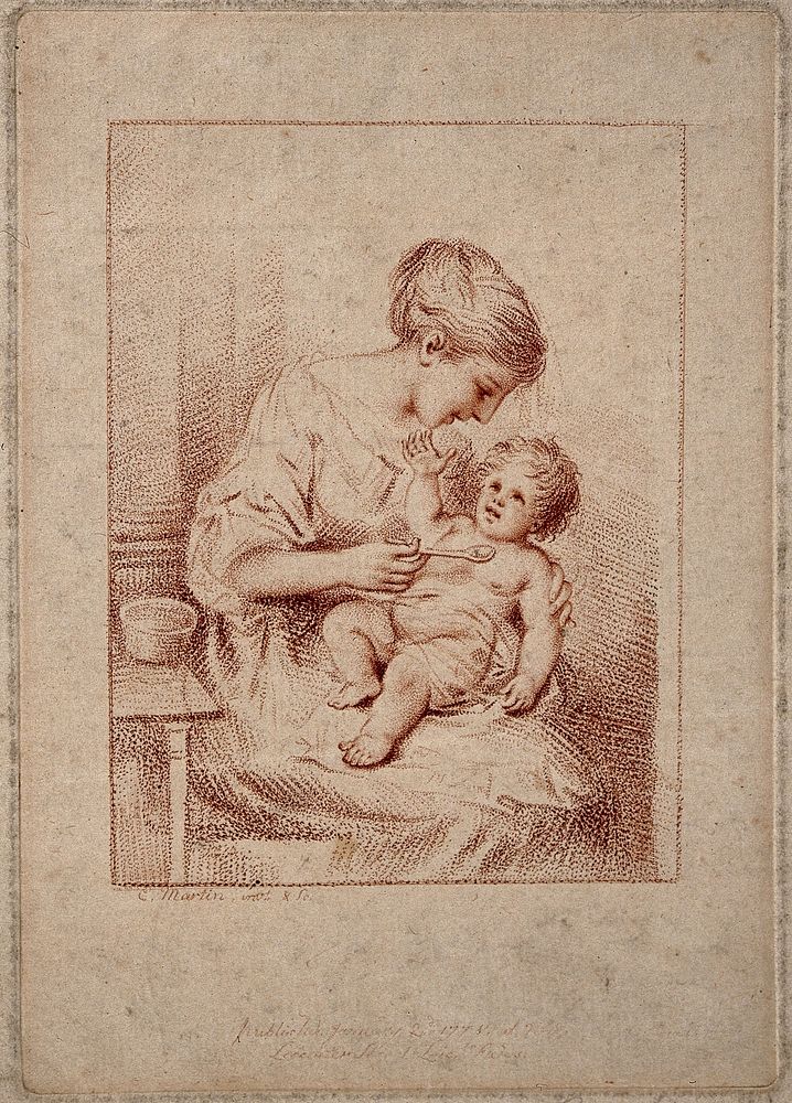 A woman feeding her happy baby. Colour stipple engraving by C. Martin after himself, 1778.