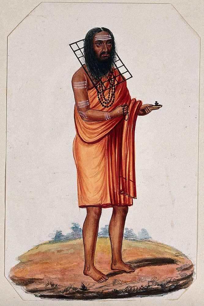 A Hindu ascetic or holy man: standing, wearing a saffron robe and with a metal rack  placed around his neck. Gouache…