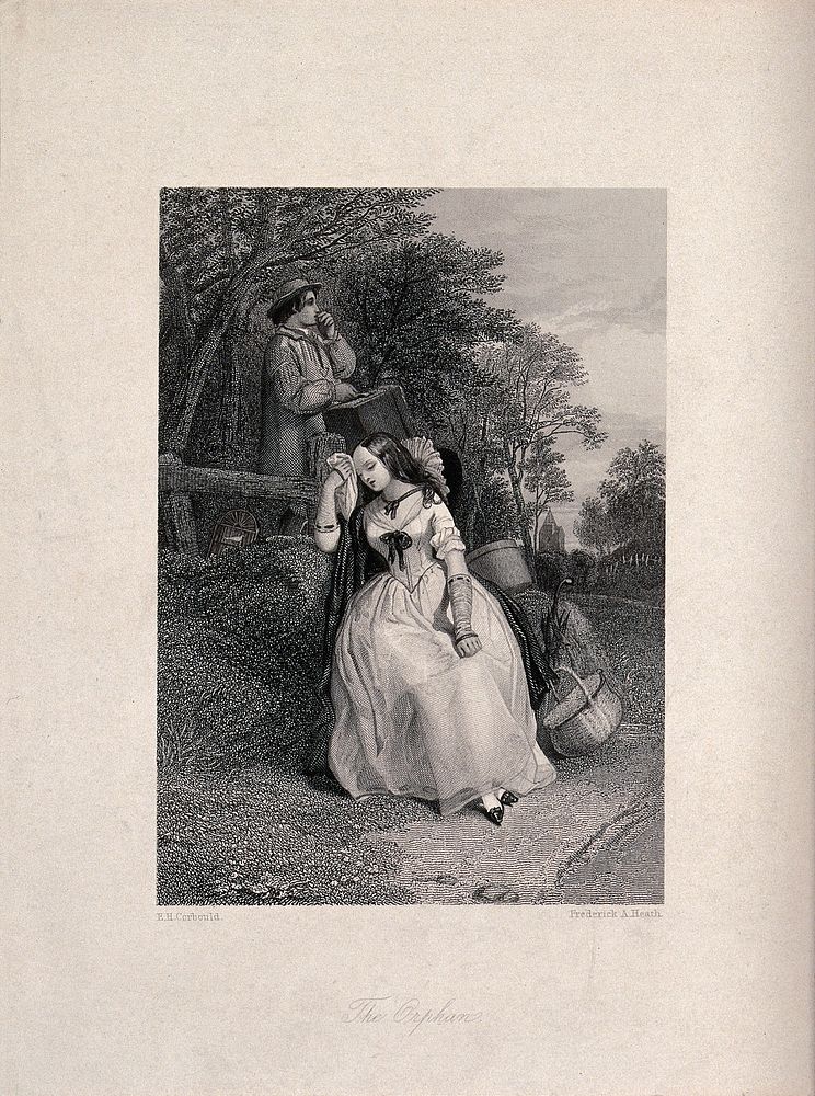 A young woman rests by the side of the road, her companion carries a case. Engraving by F. A. Heath, 1852, after E.H.…
