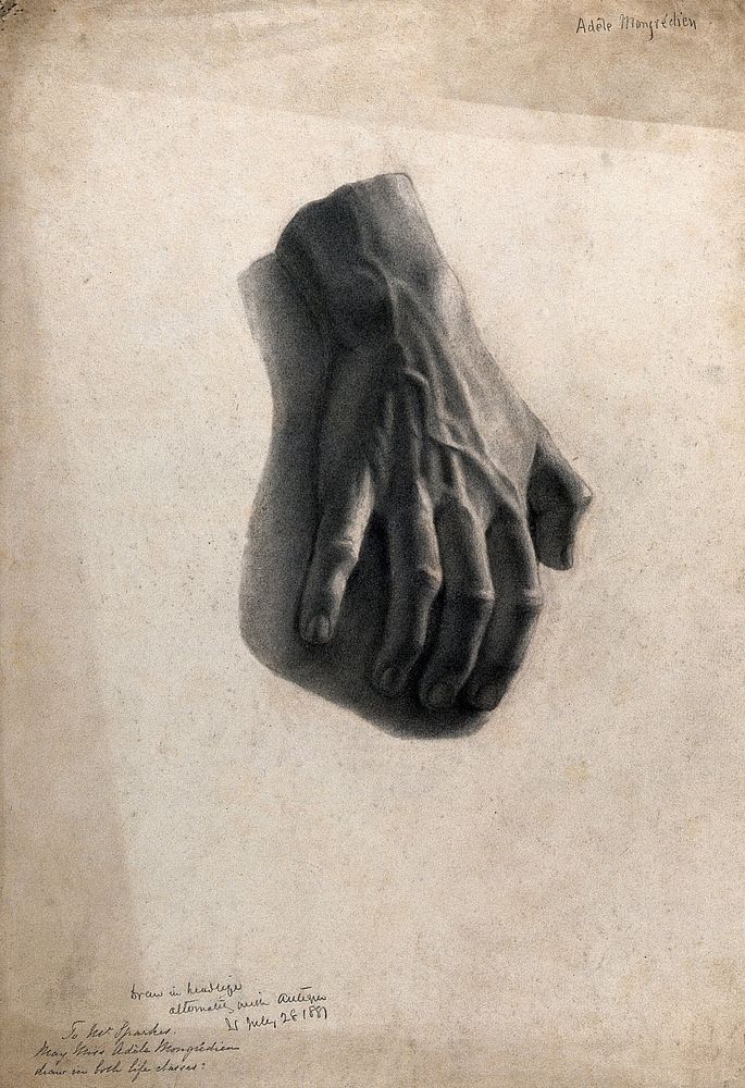Study of a hand. Charcoal drawing by A. Mongrédien, 28 July 1881.