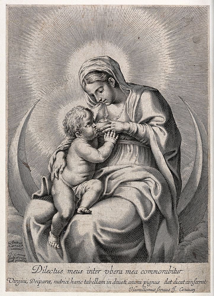 Saint Mary (the Blessed Virgin) with the Christ Child. Engraving by J. Couvay after Annibale Carracci.