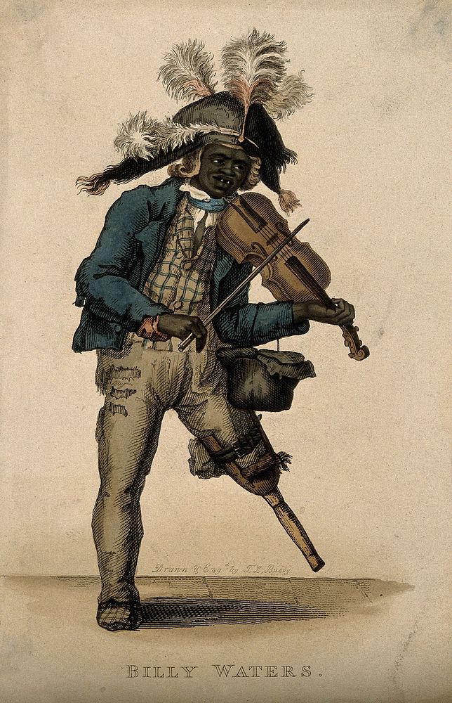 Billy Waters, a one-legged busker. Coloured engraving by T.L. Busby.