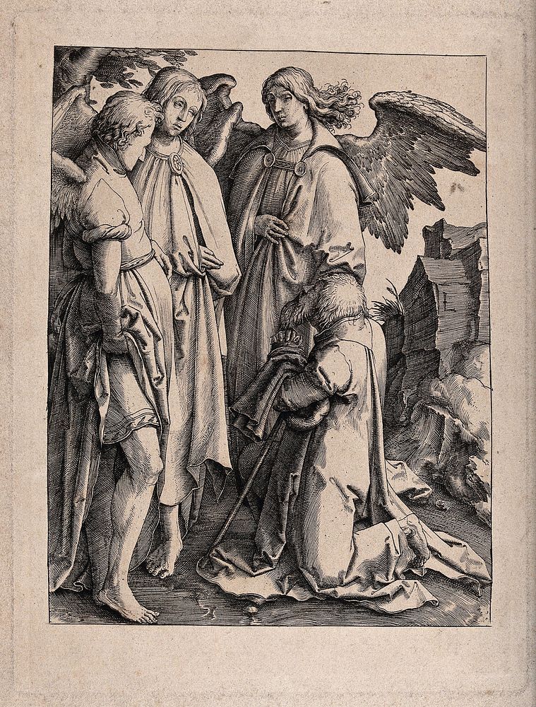 Abraham falls on his knees before the three angels. Engraving after Lucas van Leyden.