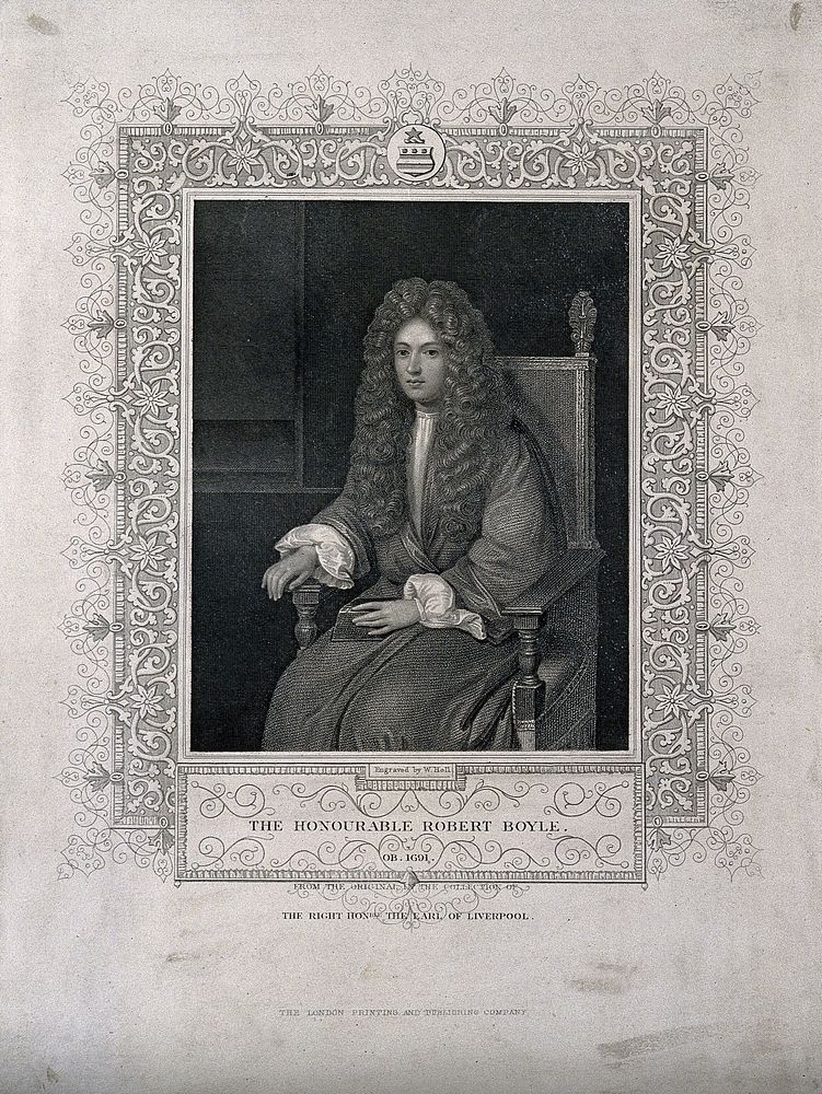 Robert Boyle. Line engraving by W. Holl, 1828, after W. Derby.