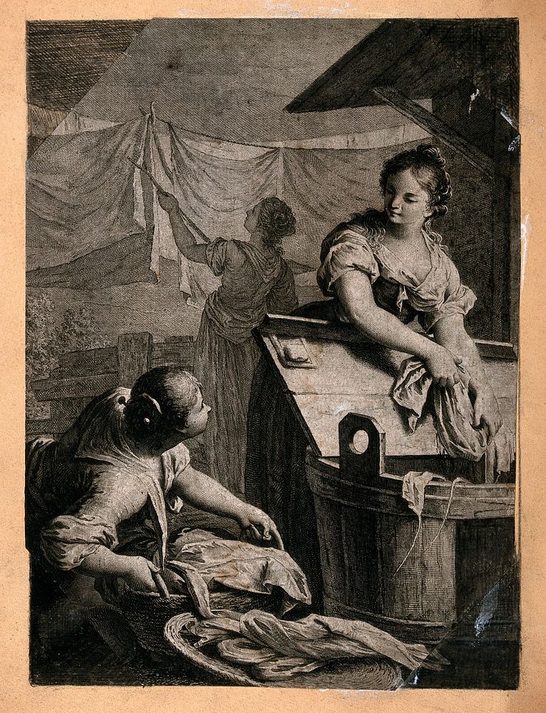 Two women are washing sheets as another is hanging them on a line. Engraving.