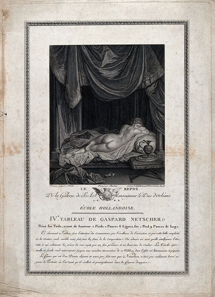A naked woman reclining on a bed. Engraving by C.E. Gaucher, 1790, after Beaudoin after C. Netscher.