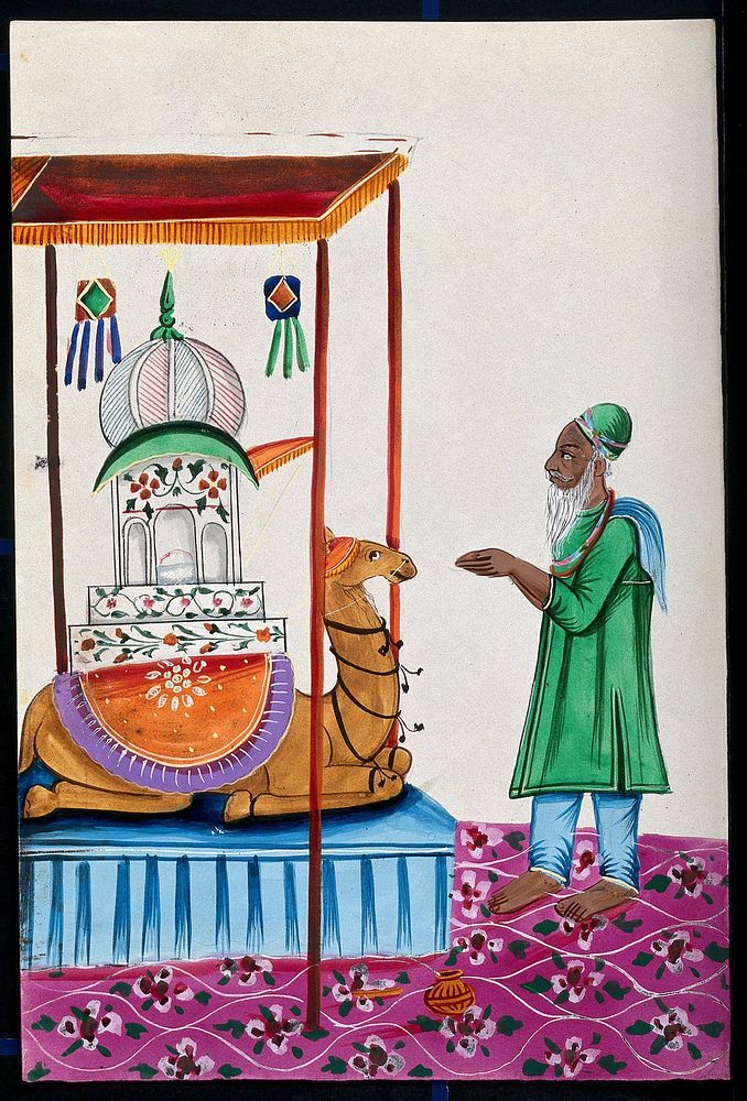 A small mosque resting on a camel's back with a man standing before it with folded hands. Gouache painting by an Indian…