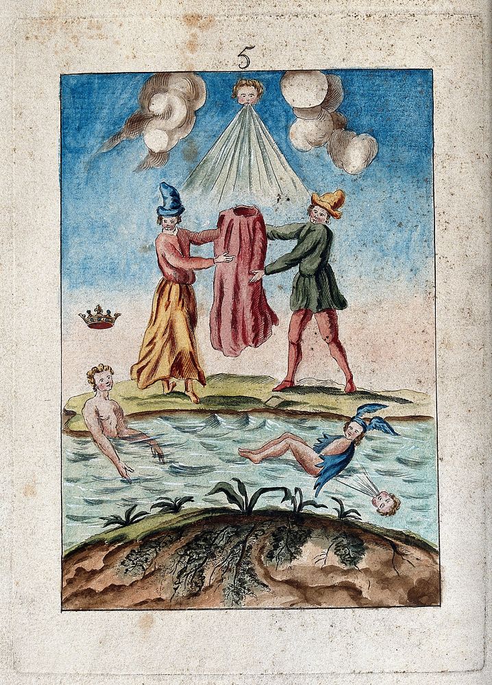 Two peasants hold a red robe; cherubs blow wind and Mercury rests on water below; representing a stage in the process of…