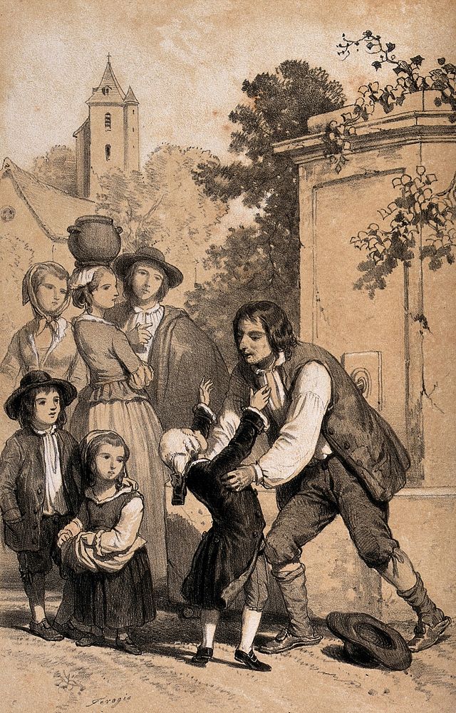 A child in a wig and affluent clothing greets and is greeted by a poor looking man, while village people look on. Tinted…