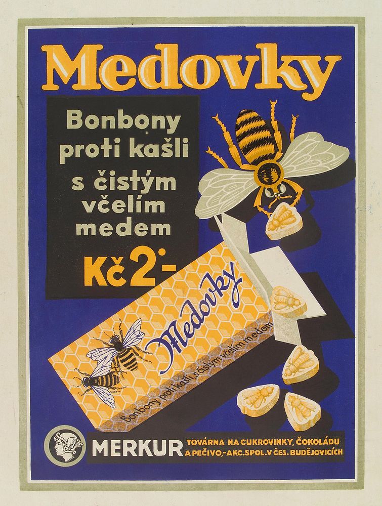 Honey-flavoured cough sweets in the form of bees. Colour lithograph, ca. 1900.