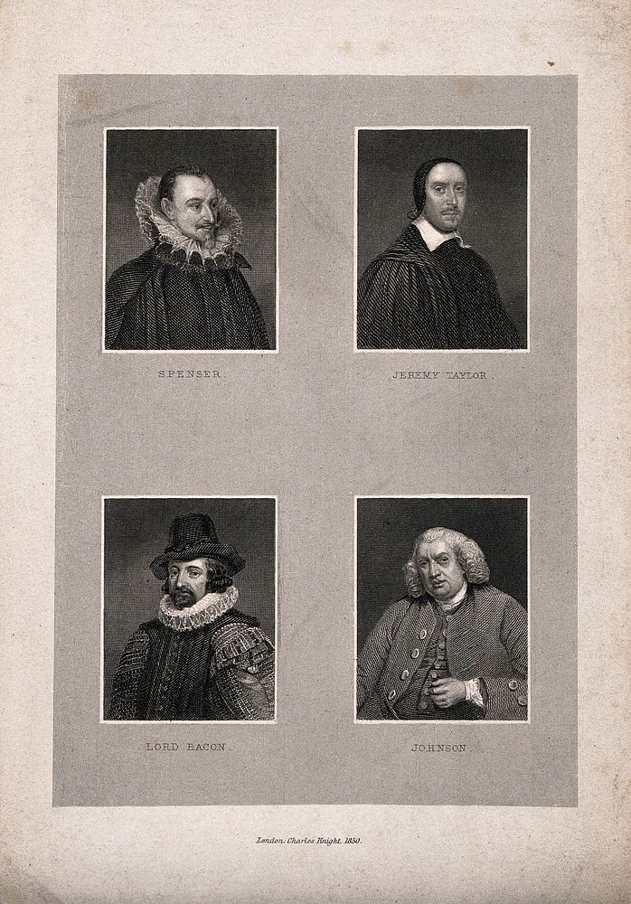 Four men: Francis Bacon, Edmund Spenser, Samuel Johnson, and Jeremy Taylor. Engraving, 1850.