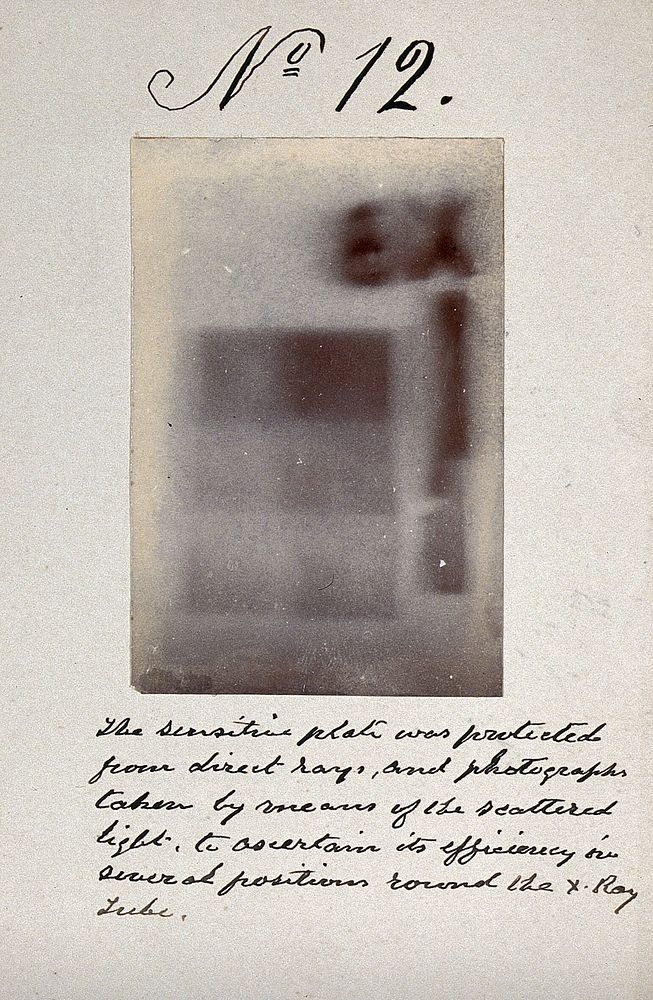 Light emitted by Röntgen Ray Tubes: blurred letters and shapes. Photoprint from radiograph, by James Wimshurst, 1898.