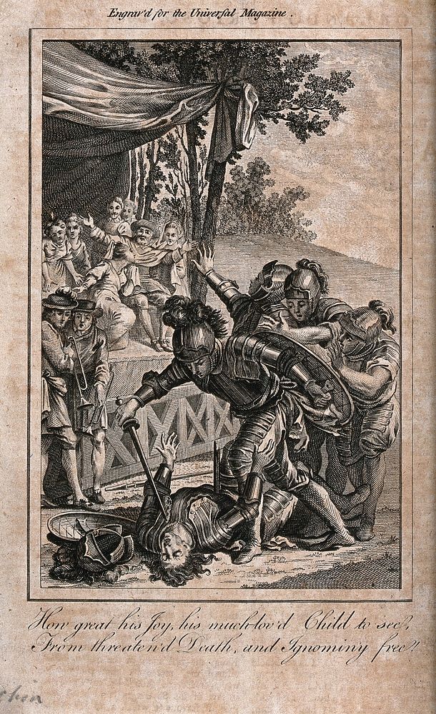 A young knight in armour is about to stab his opponent with his sword and a king rejoices in the background. Line engraving.