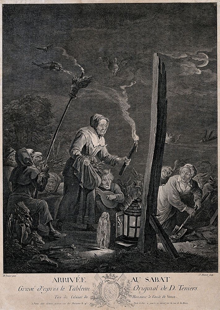 Demons and witches arrive at the sabbath. Engraving by J. Aliamet after D. Teniers the younger, 1755.