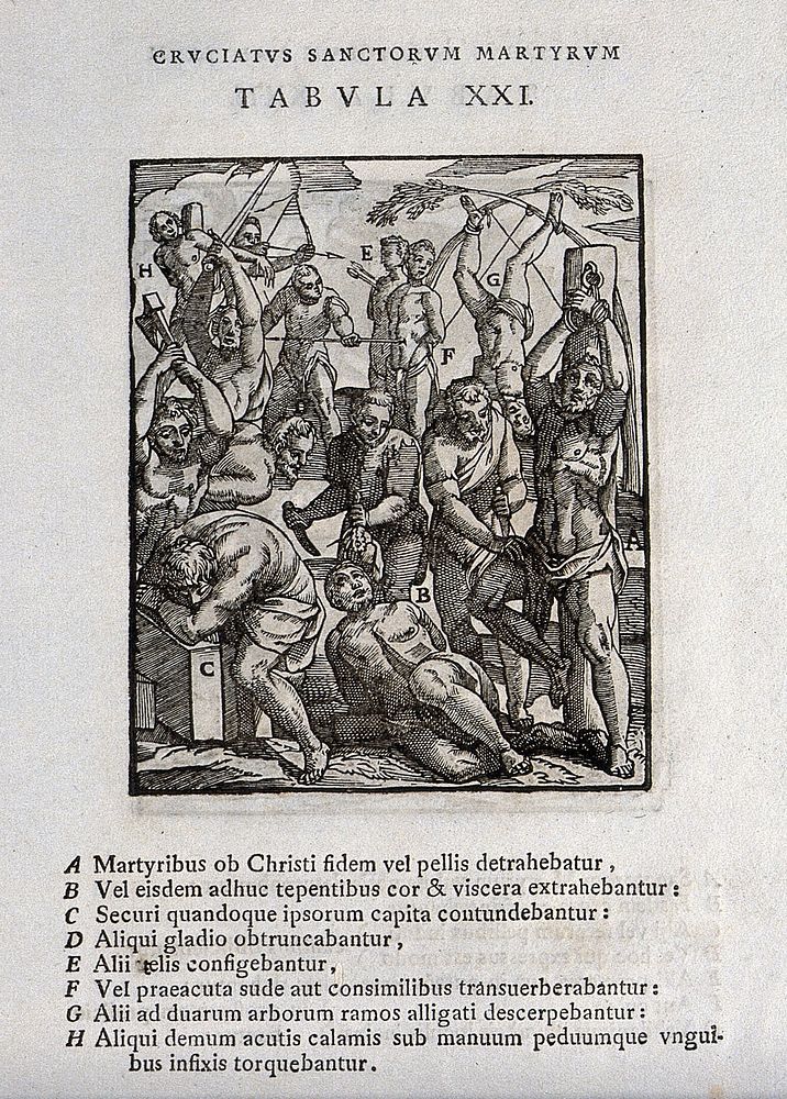 Martyrdom of male figures by various methods. Woodcut.