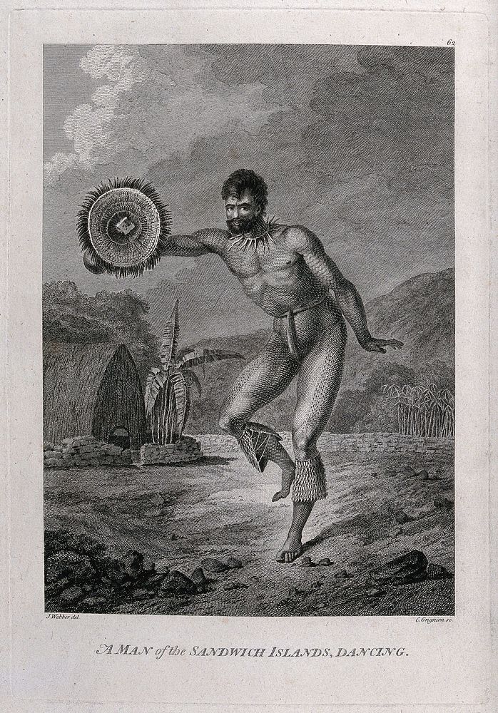 A man from the Hawaiian Islands dancing; encountered by Captain Cook during his third voyage (1777-1780). Engraving by C.…